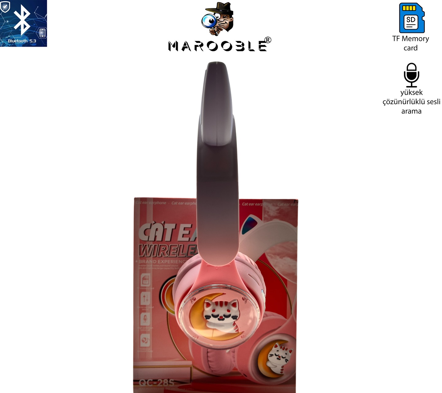 Bilişim Burada PL-2224 Pembe Ay Ve Kedi Desenli HD Mikrofon Kaliteli Yüksek Batarya Uzun Şarj Dayanıklılığı Bluetooth Kulaklık